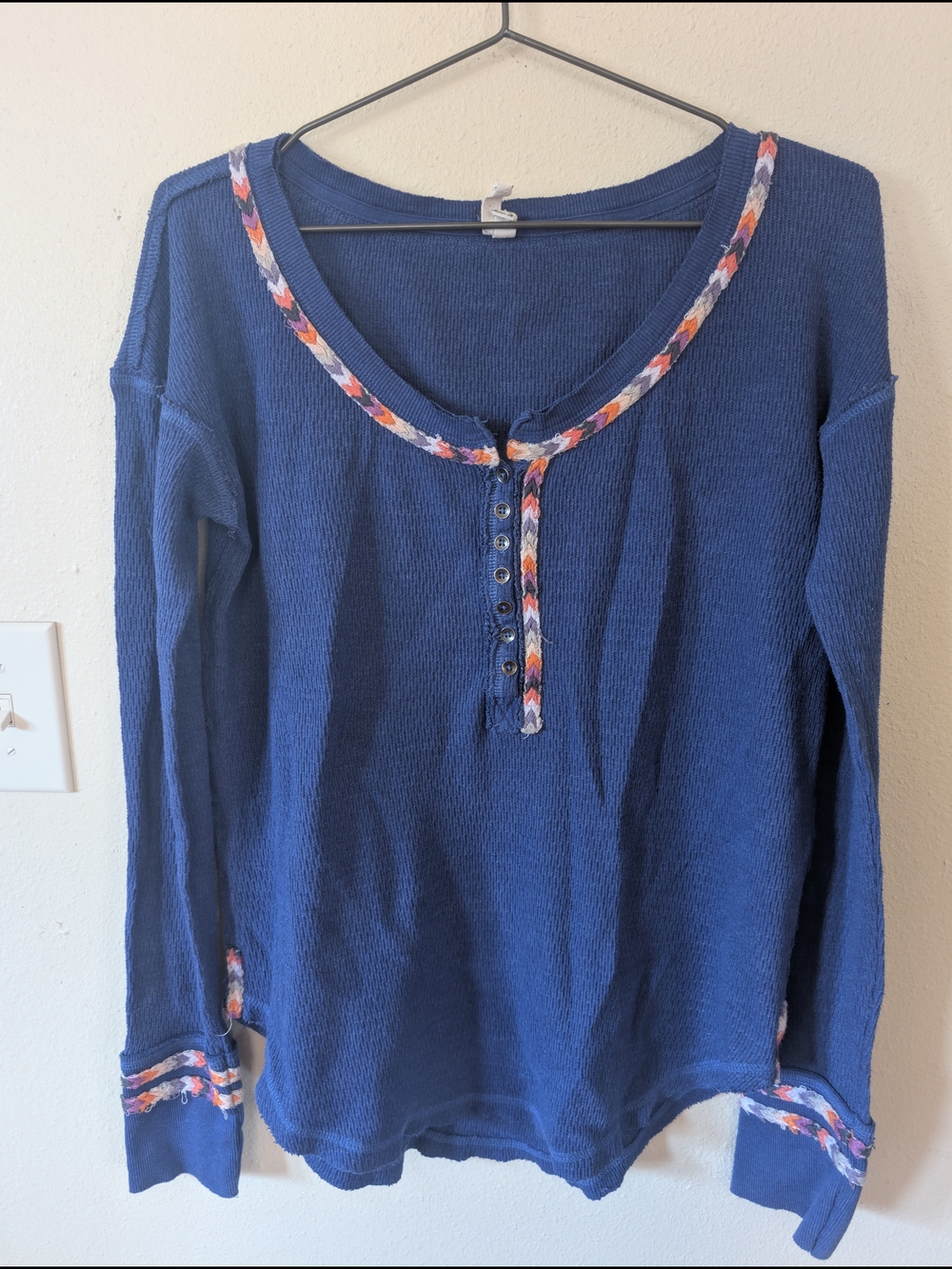 Free People Navy Long-Sleeve Henley with Multicolor Braided Trim M